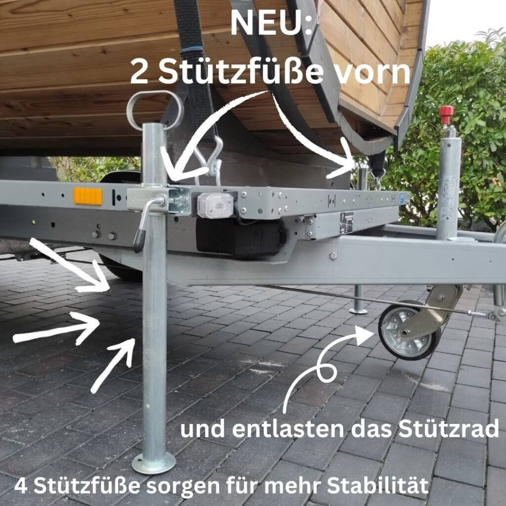 Vorder Stützfüße stützen die Sauna und Stützrad hochgekurbelt